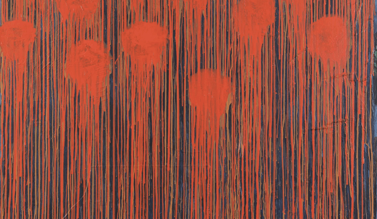An intense display of crimson blooms cascading like memories on a black field, reflecting post-war French abstraction and the emotional weight of gesture.